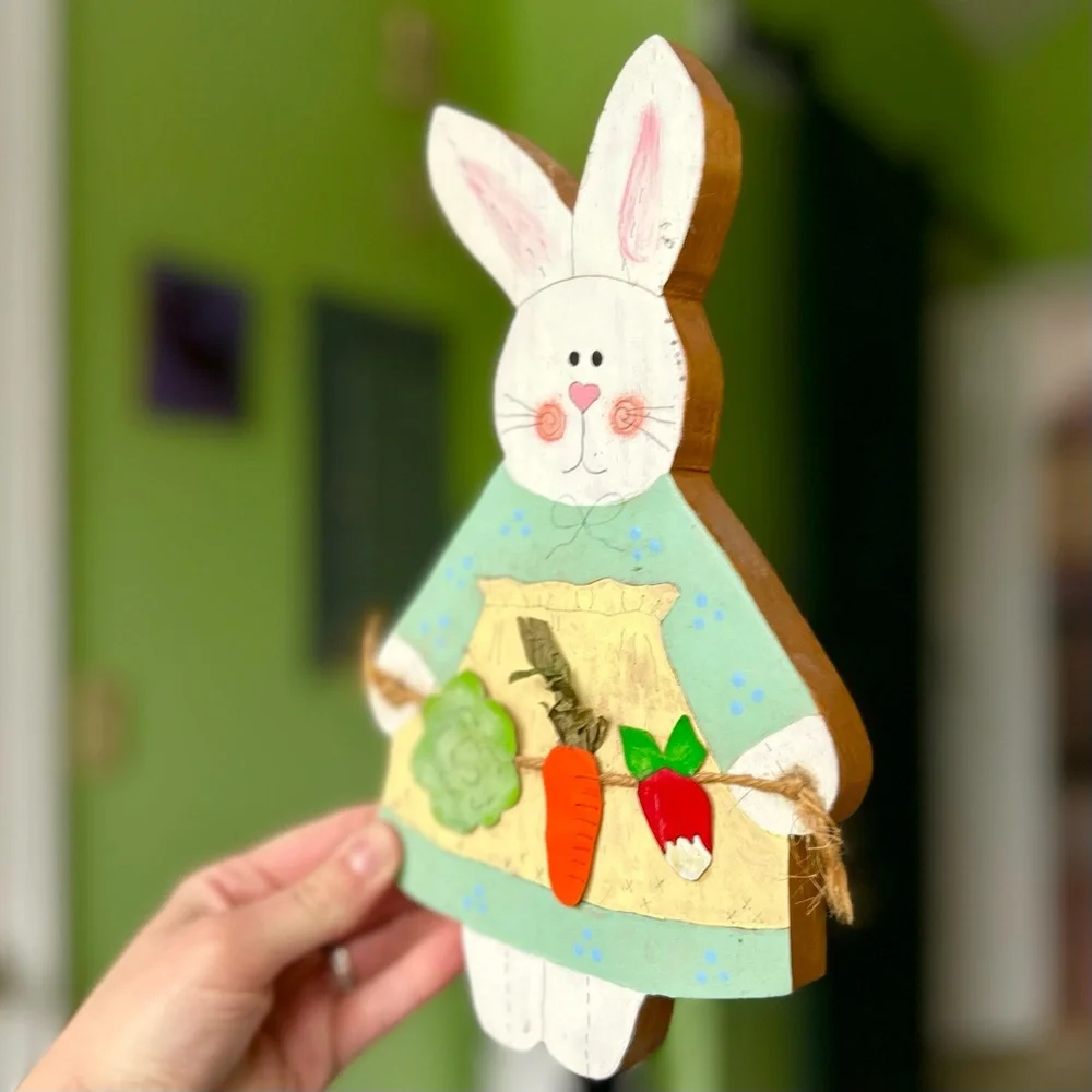VTG Bunny Rabbit Collecting Veggies Cottagecore Farmhouse Wood Wall Decor Art